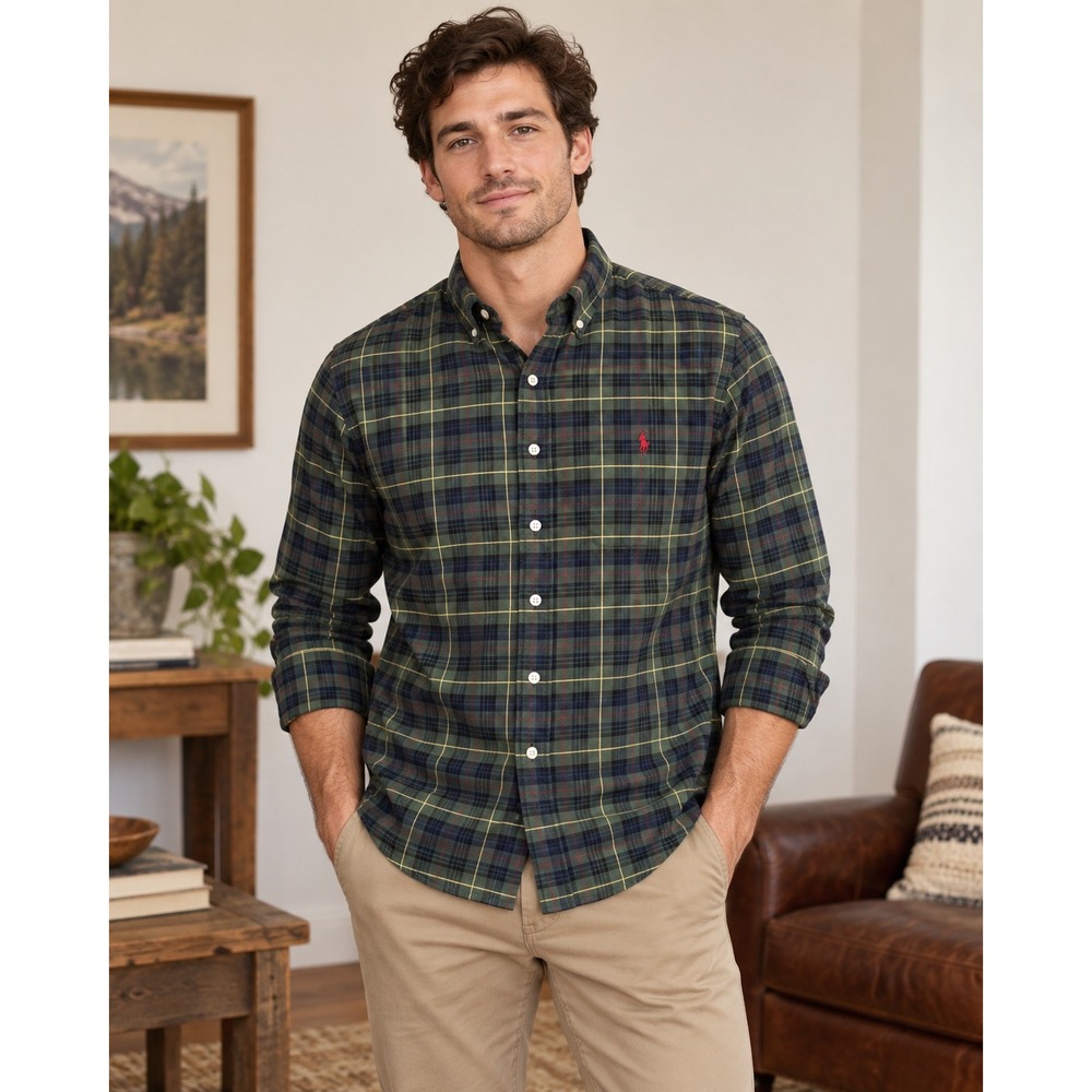 Ralph Lauren Button Down Shirt Green Navy Plaid Cotton Long Sleeve Large